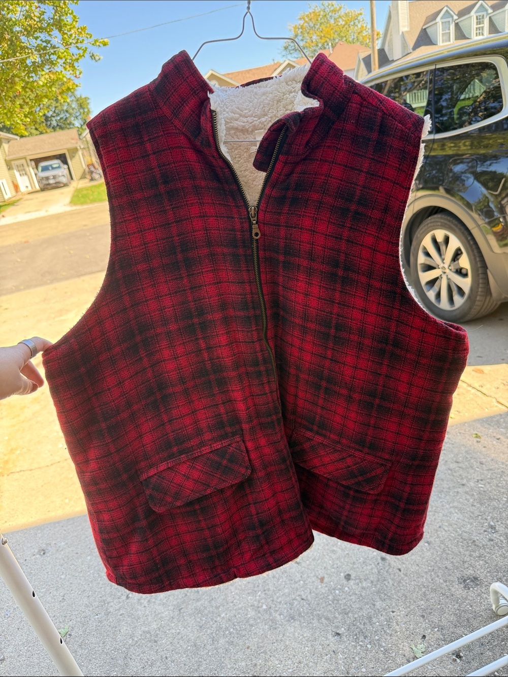 Maurices Red and Black Plaid Sherpa-Lined Vest